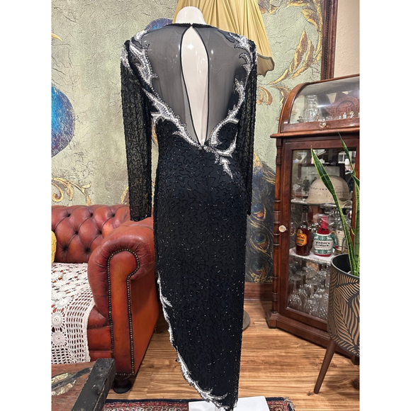 A.J. Bari Vintage 100% Silk Beaded Sequin Gown 80s 90s Asymmetric M - Picture 6 of 16